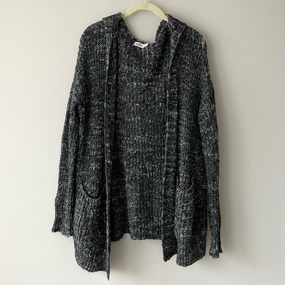 Hollister Charcoal Gray Hooded Knit Open Long-Sleeve Pocketed Cardigan